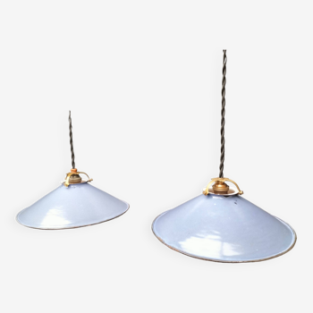 Pair of blue enameled sheet metal pendant lights