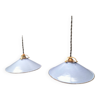 Pair of blue enameled sheet metal pendant lights