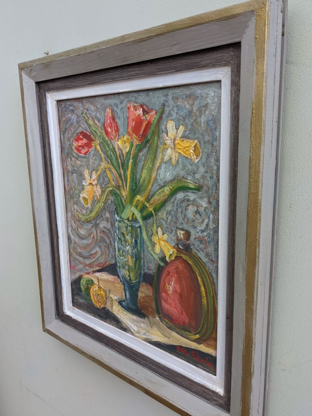 Mid-Century Modern "Still Life with Tulips" Swedish Vintage Expressionist Still Life Oil Painting, F