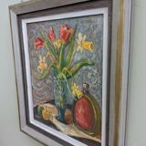 Mid-Century Modern "Still Life with Tulips" Swedish Vintage Expressionist Still Life Oil Painting, F