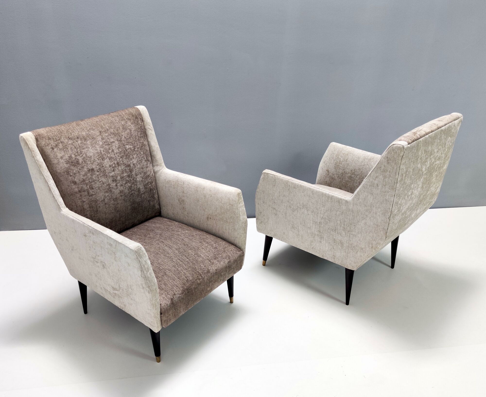 Pair of pearl grey and taupe velvet armchairs, italy