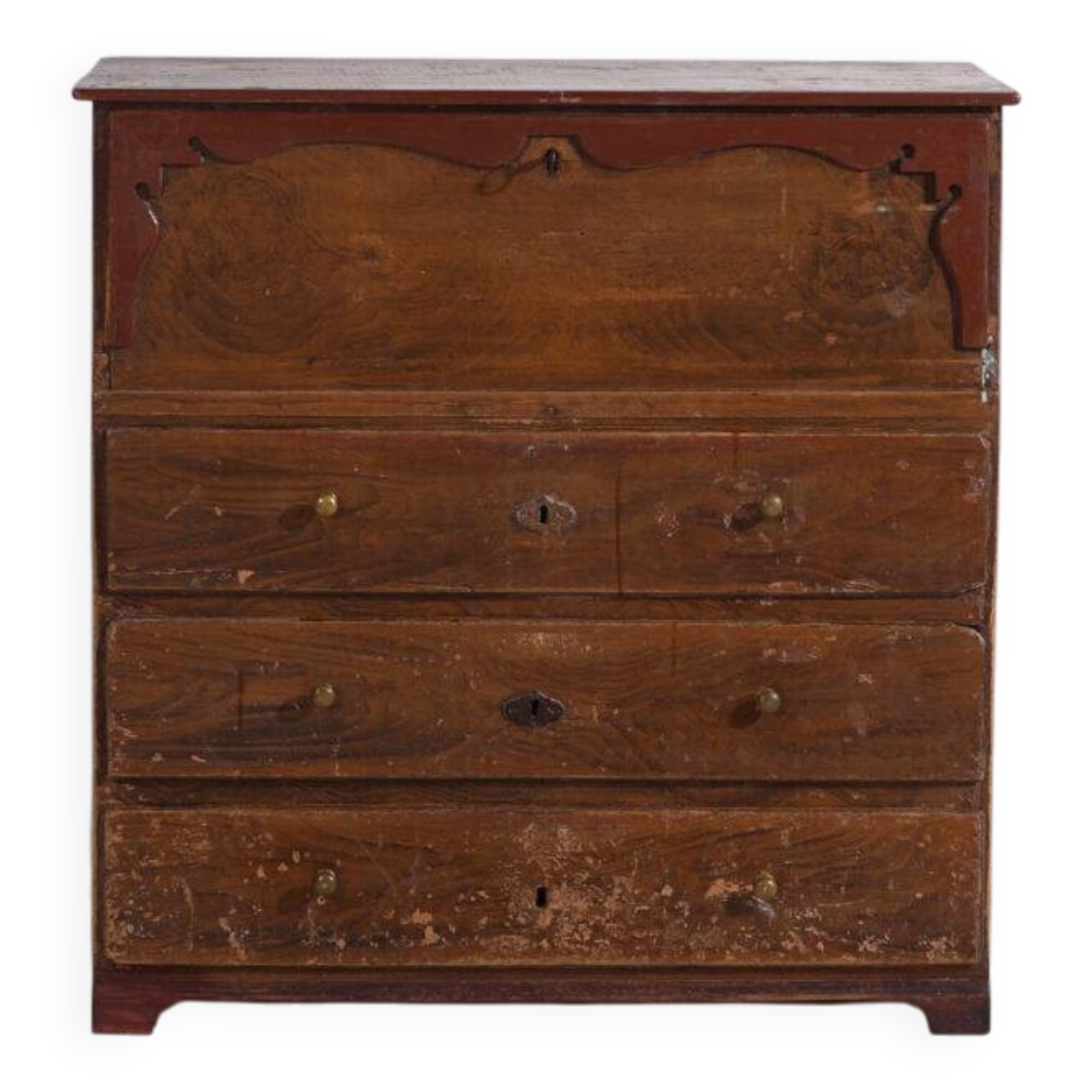 Commode secrétaire ancienne en pin – Bureau rustique européen à abattant – circa 1900