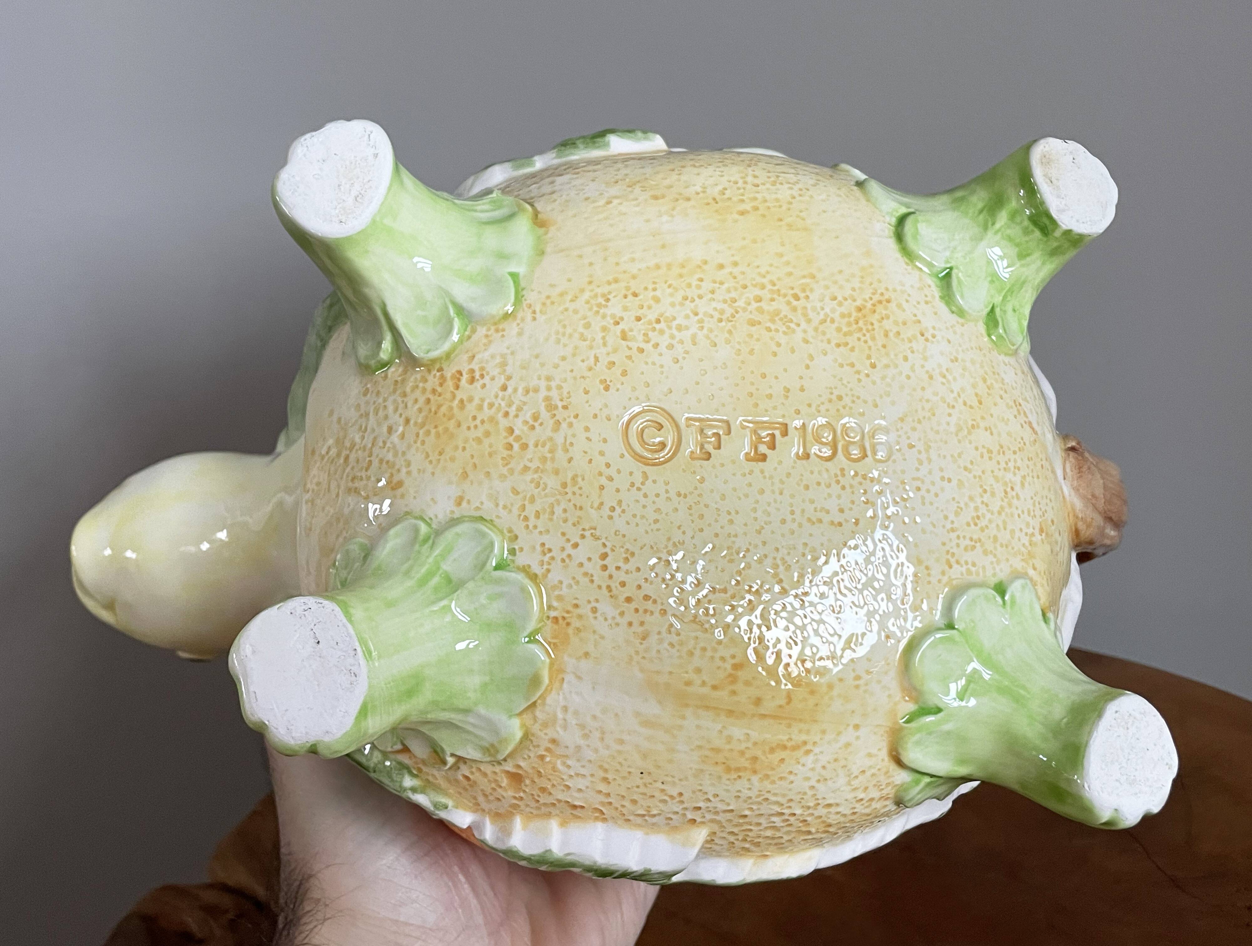 Fitz & Floyd ff1986 turtle jug or teapot with oranges and leaves, american majolica tableware