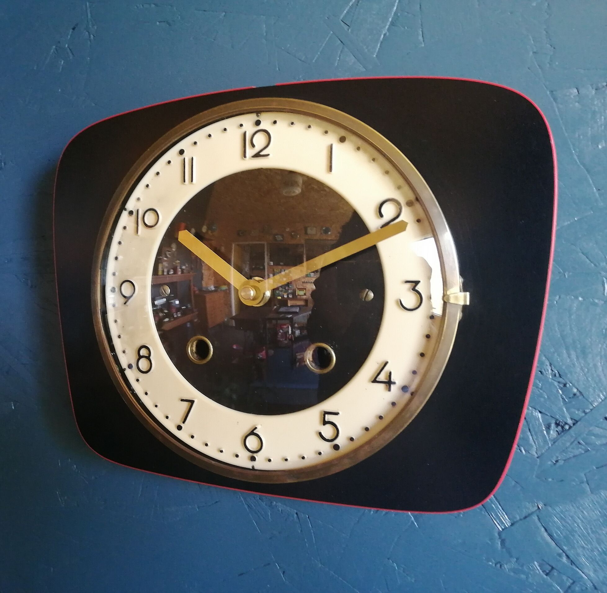Vintage formica clock silent wall clock "black and red"