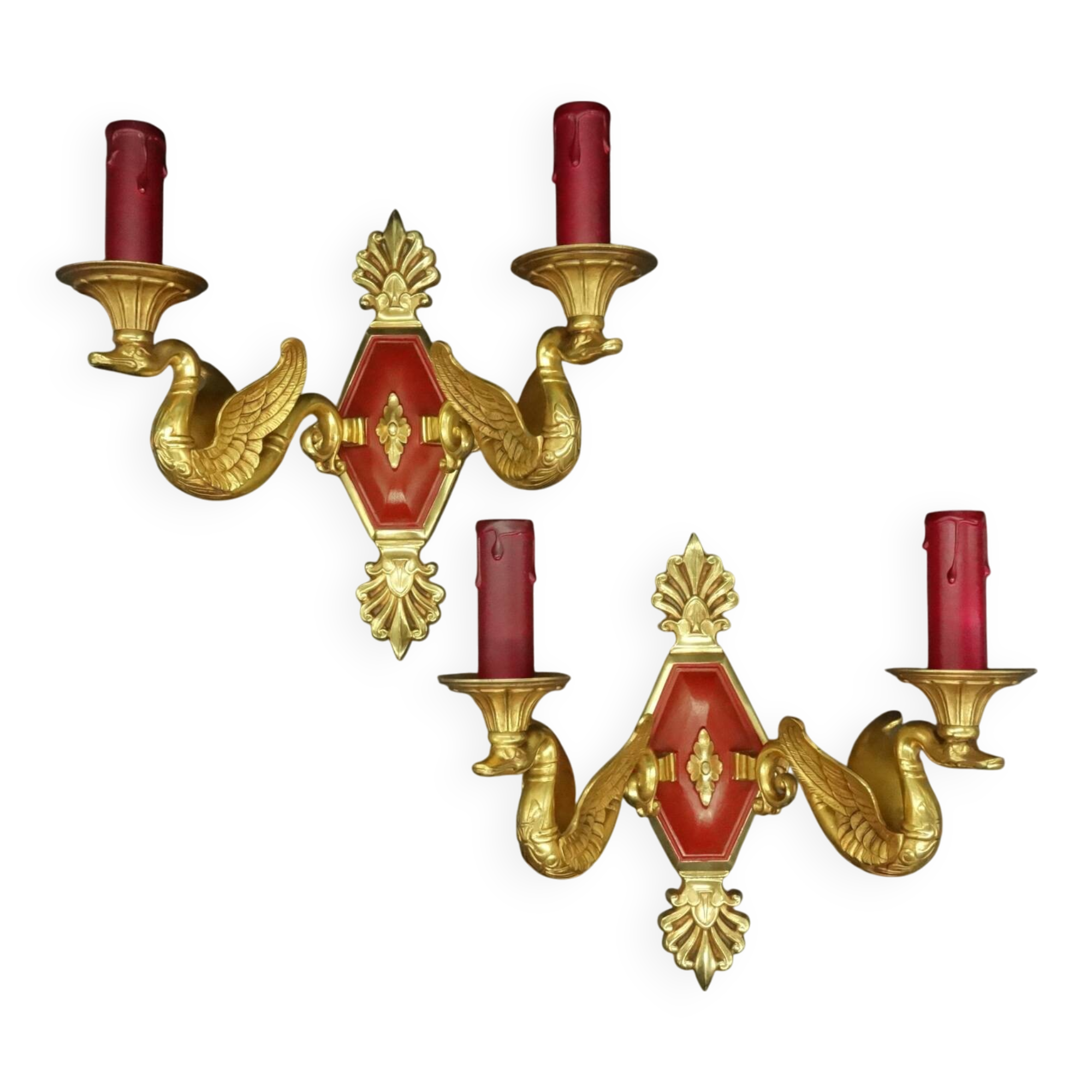Pair of Empire style swan wall lights from Petitot - bronze & burgundy patina