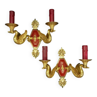 Pair of Empire style swan wall lights from Petitot - bronze & burgundy patina