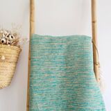 Plaid tissé main vert et lin à fines rayures - franges fines