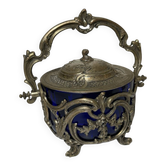 Antique cobalt blue glass biscuit barrel with ornate metal – Louis style