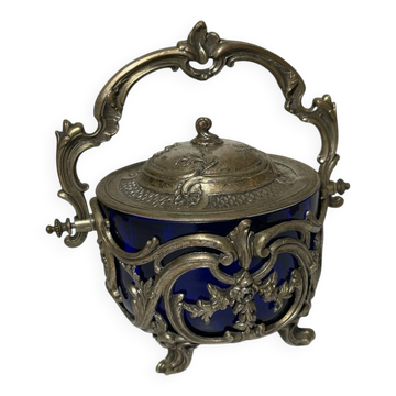 Antique cobalt blue glass biscuit barrel with ornate metal – Louis style