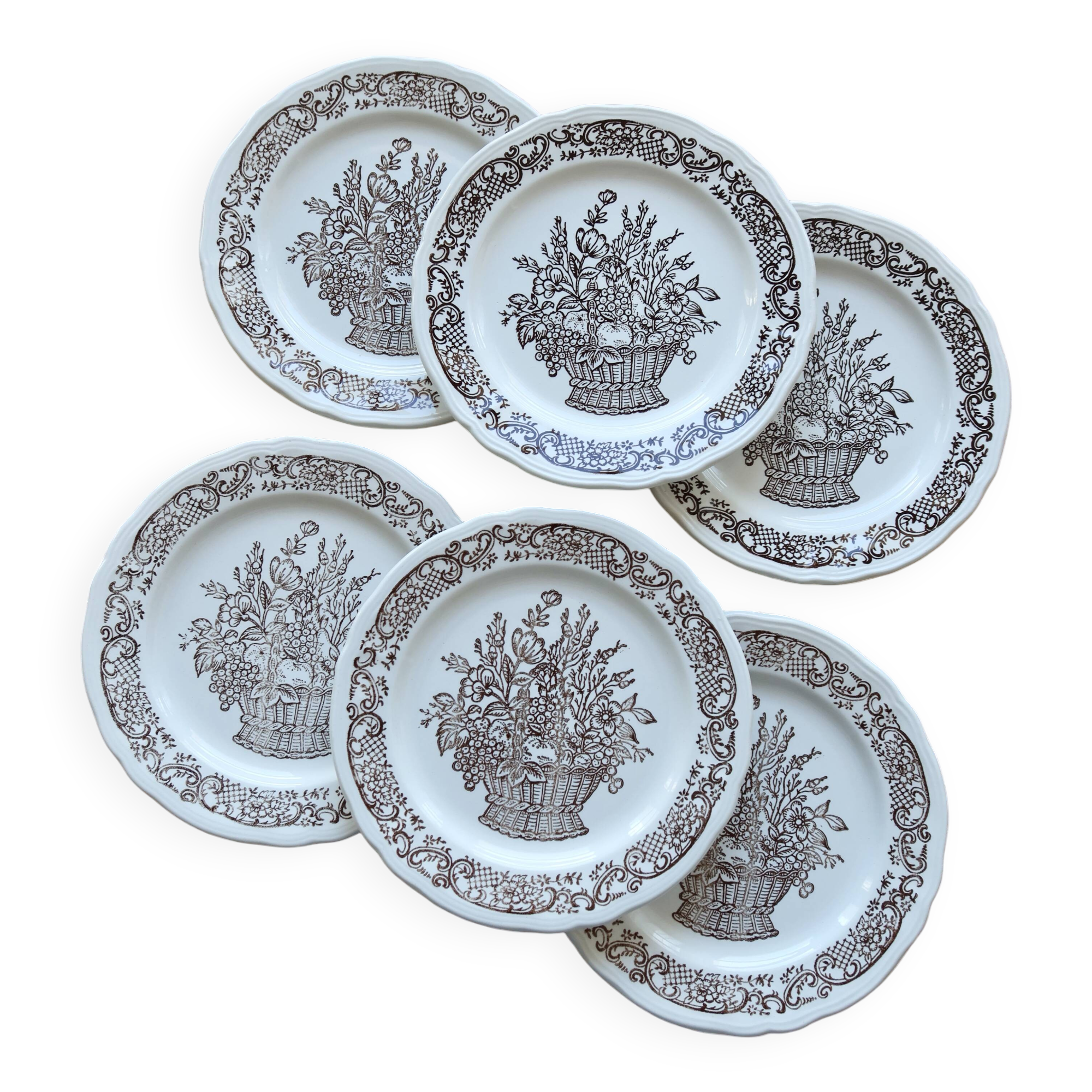 Vintage porcelain dessert plates with brown country bouquet pattern