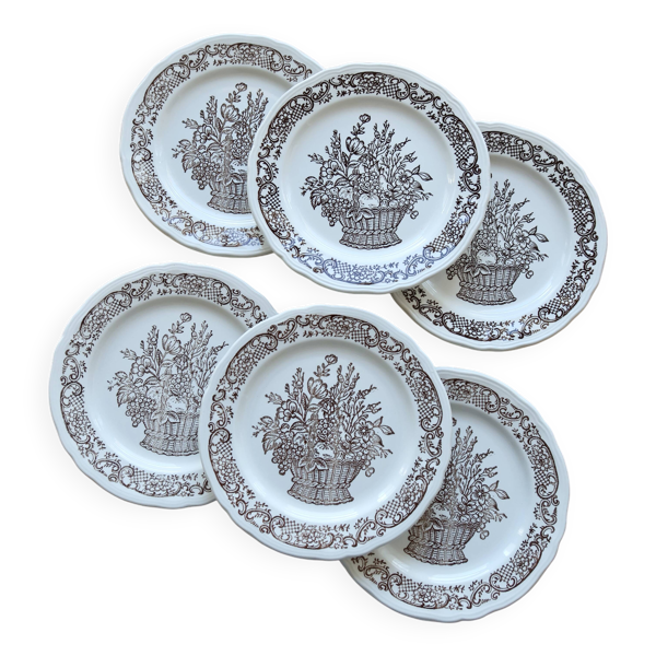 Assiettes à dessert vintage porcelaine motif bouquet champêtre marron