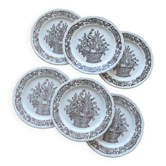 Vintage porcelain dessert plates with brown country bouquet pattern