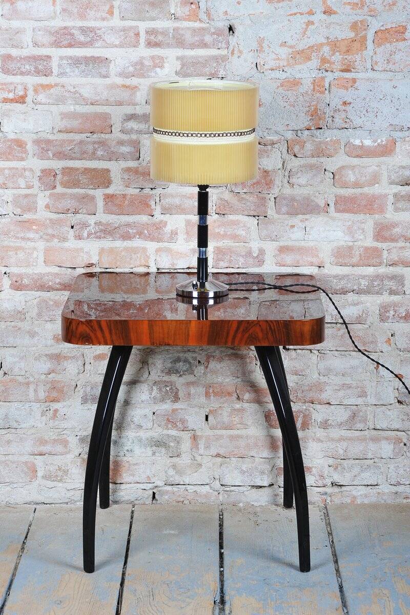 Lampe de table tchèque Art Déco en acier chromé, hêtre et parchemin, années 1940