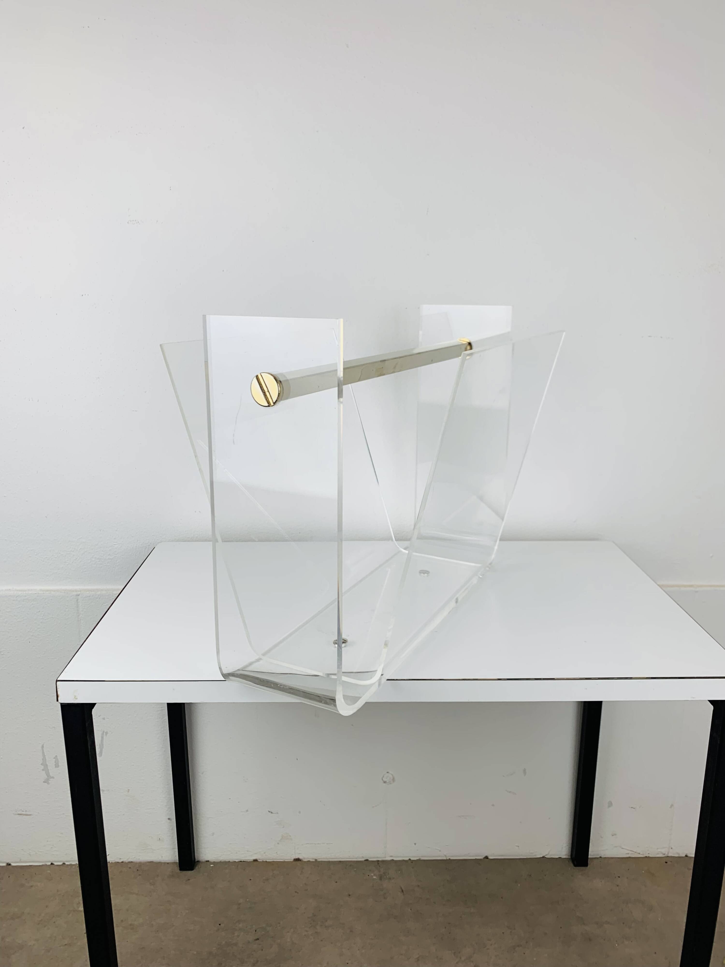 Plexiglas and brass magazine rack, David Lange, 1970s