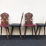 Set of 4 Alsatian chairs, wooden and skaï chair, carved wood, folk art, kitchen, living room, chalet