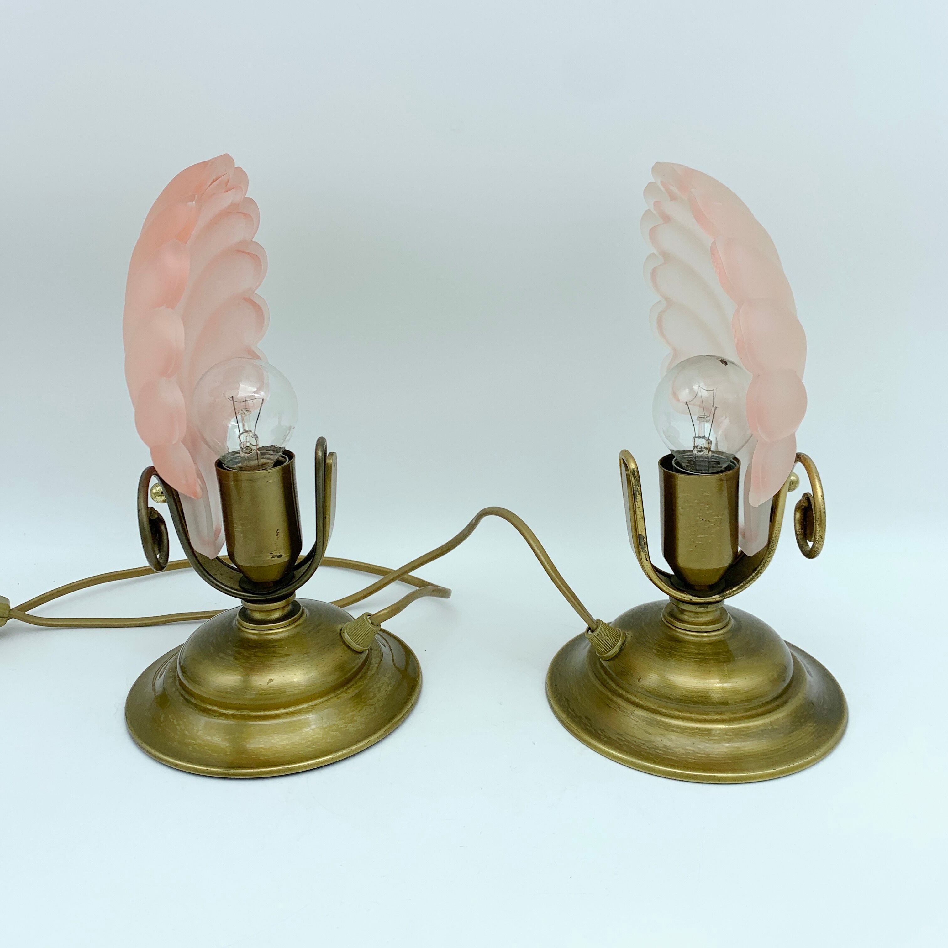 Pair of vintage brushed glass and brass shell lamps