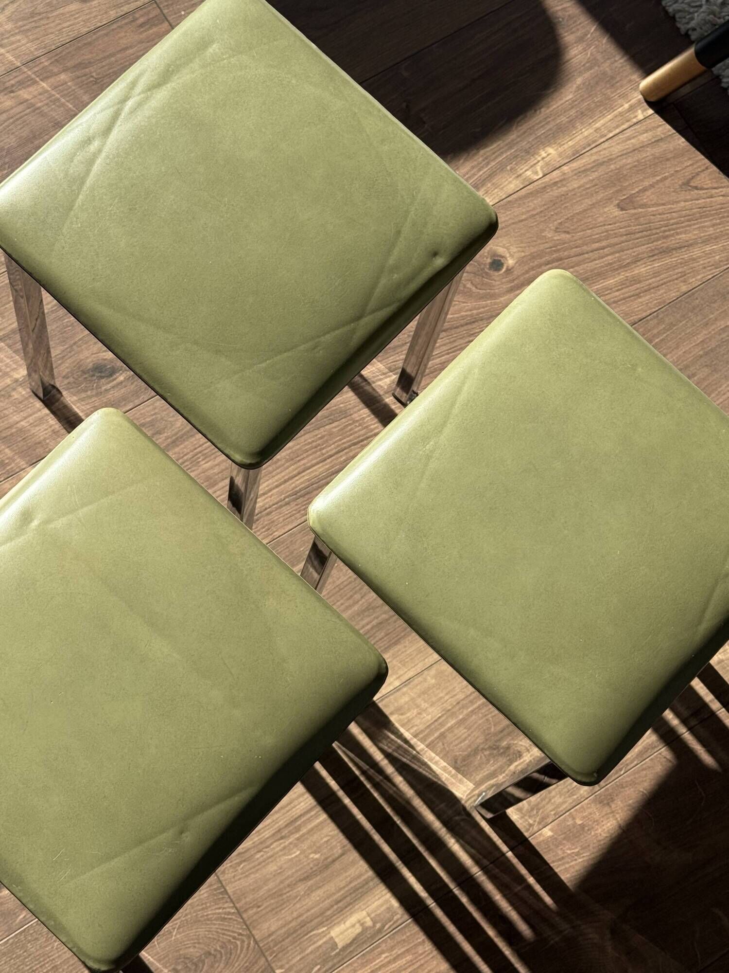 Set of 3 Vintage Stools - Chrome and Olive Green Seat