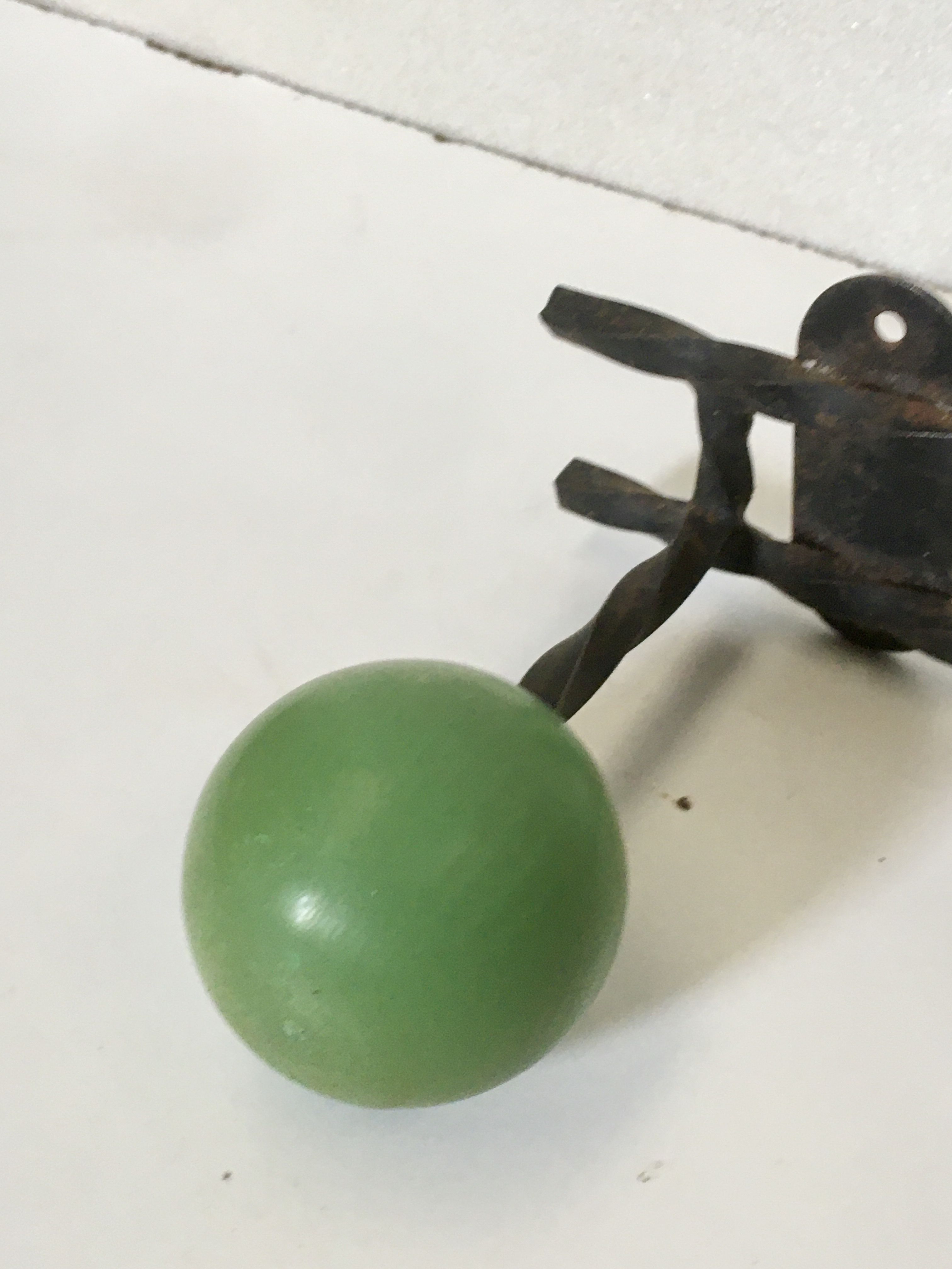 Vintage wrought iron wall coat rack 3 blue, red and green wooden balls hooks