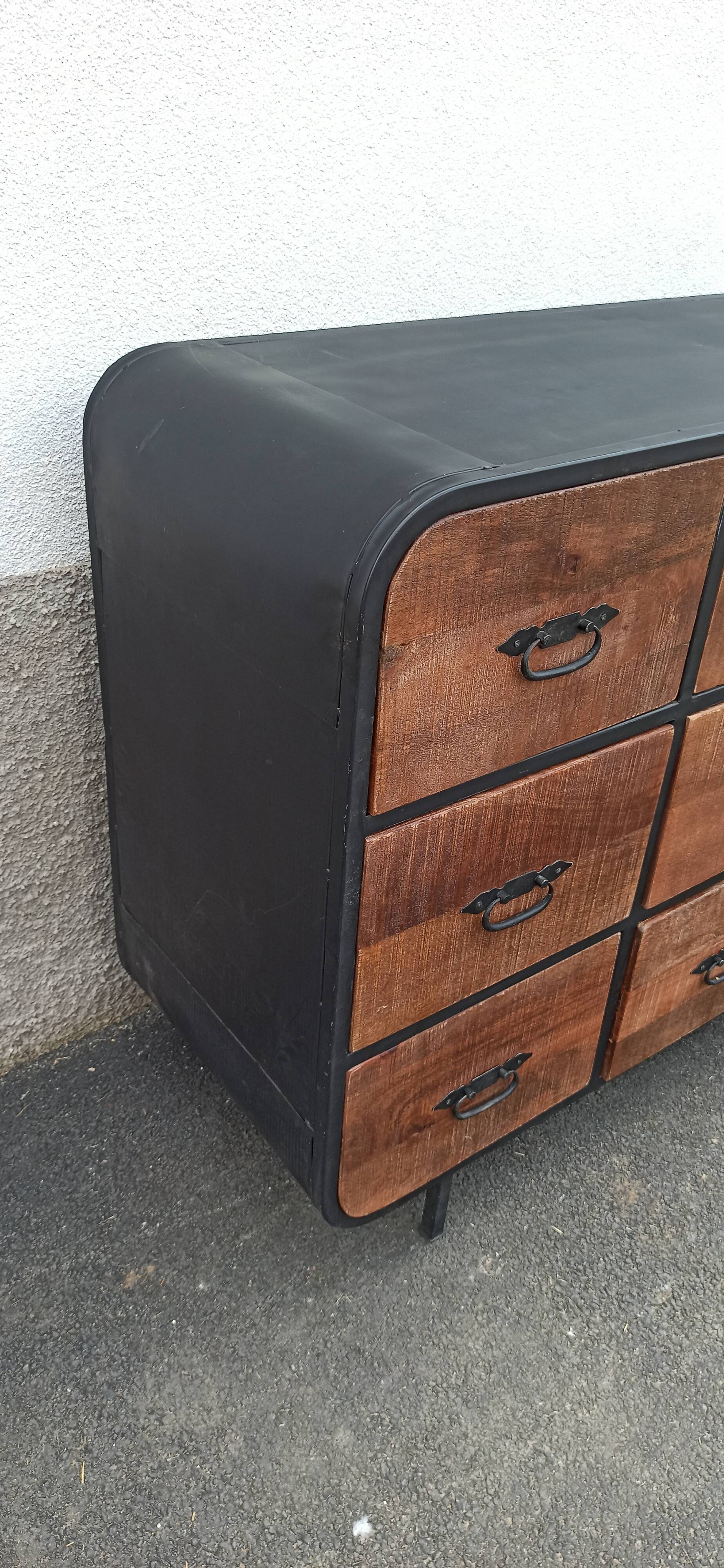 Black metal sideboard with wooden drawers