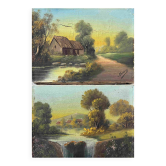 Pendant of HST "Barbizon Landscape" paintings signed Maniery early 20th century