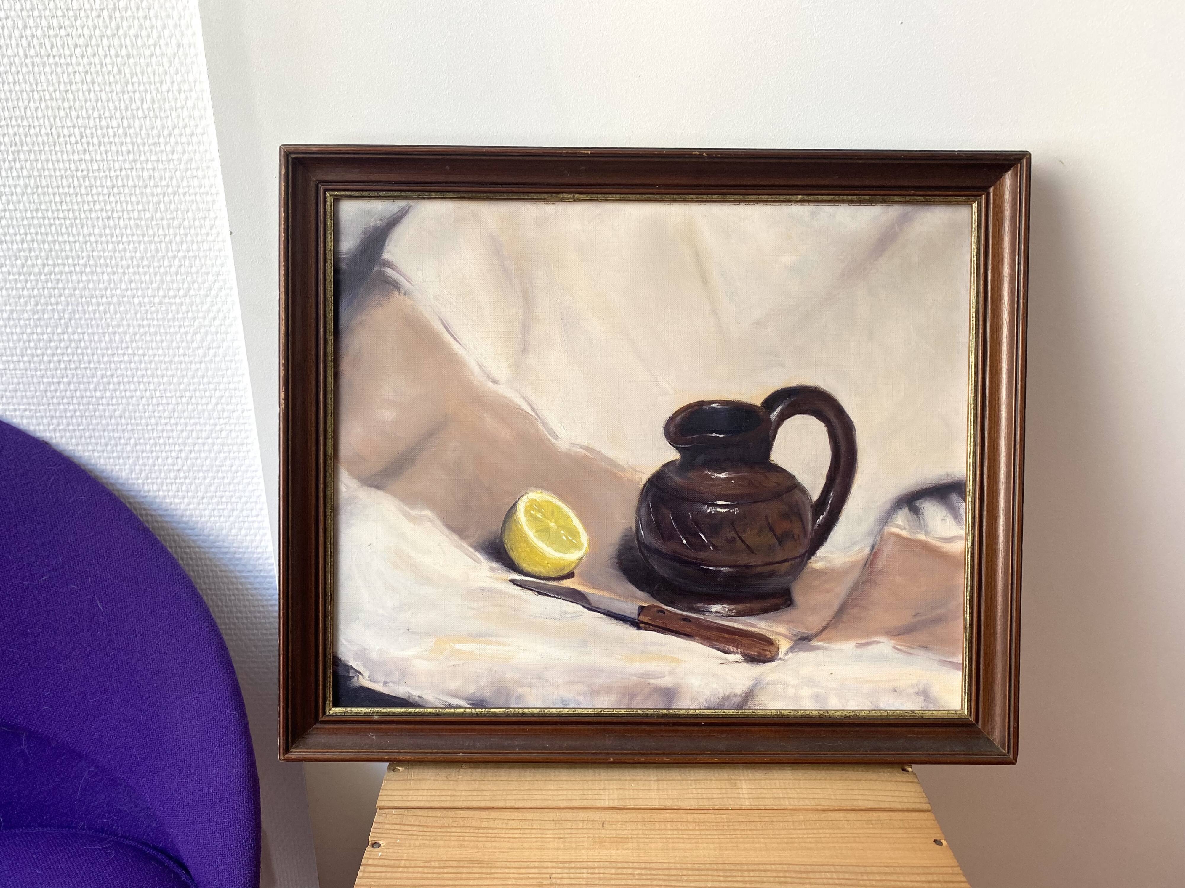 Oil painting still life with vintage lemon