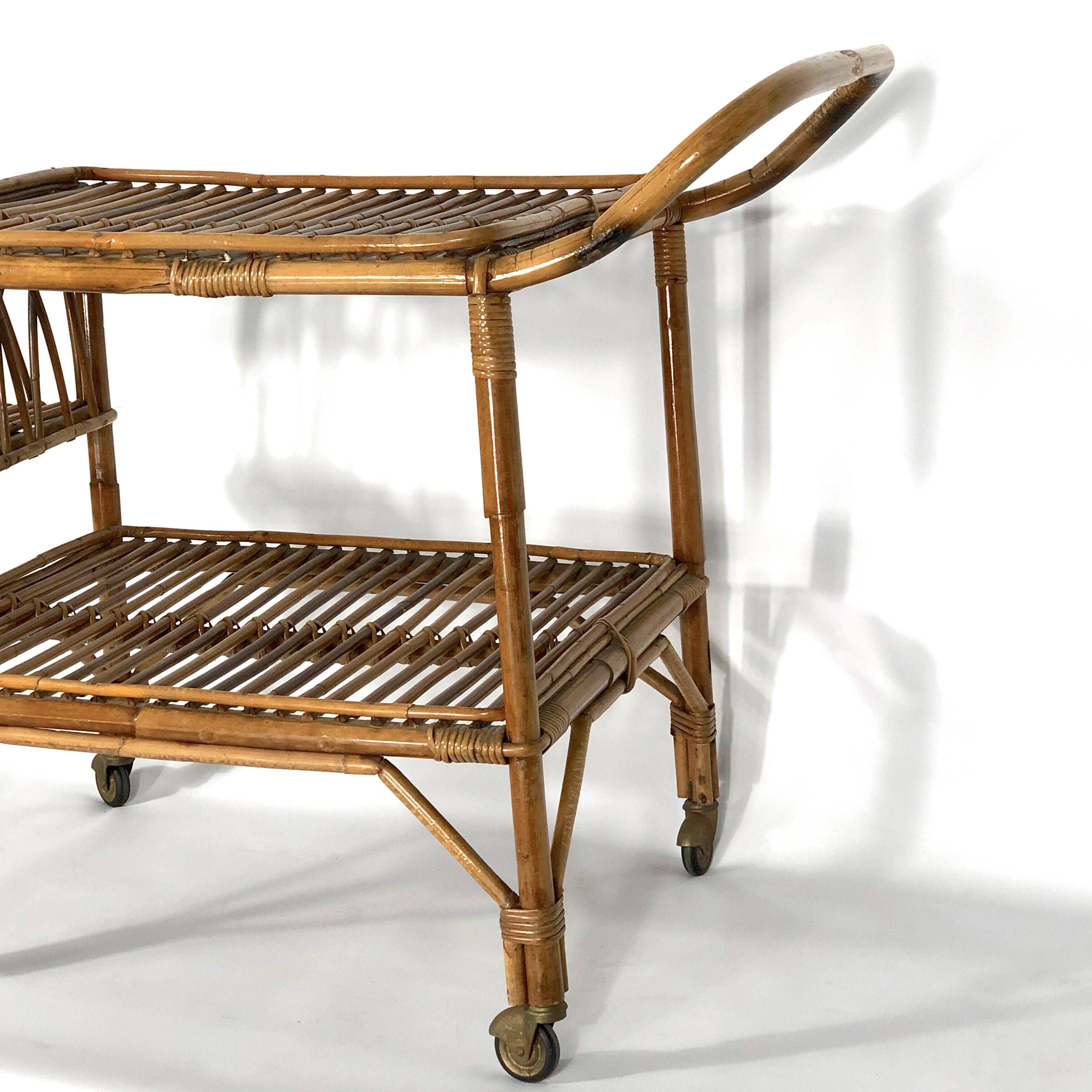 Vintage bamboo bar trolley from 50s. Made in Italy
