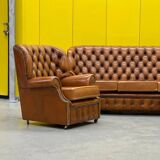Vintage Chesterfield Brown Leather High Back sofa and Armchairs, Set of 3