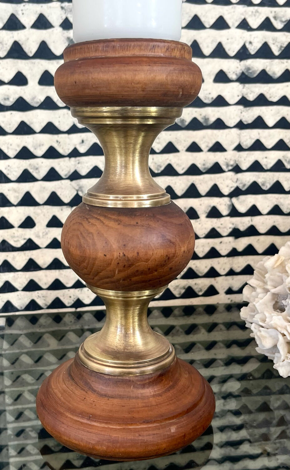 Wood and brass candle holder 1970