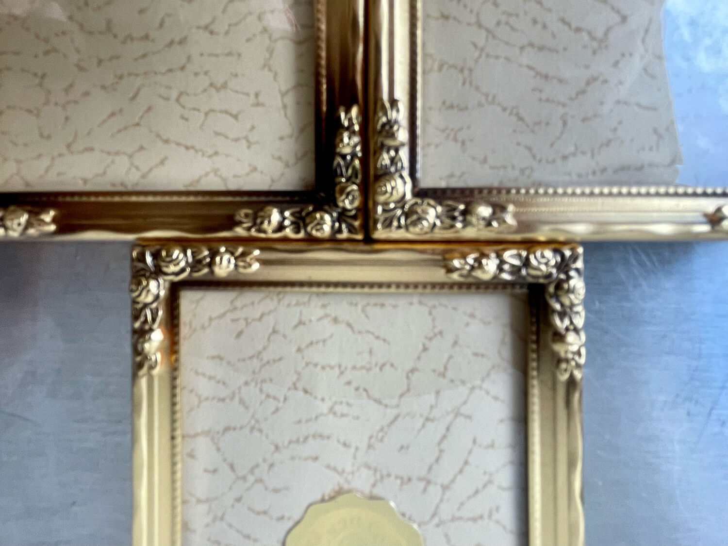 Set of 3 vintage identical gold colored metal picture frames convex glass