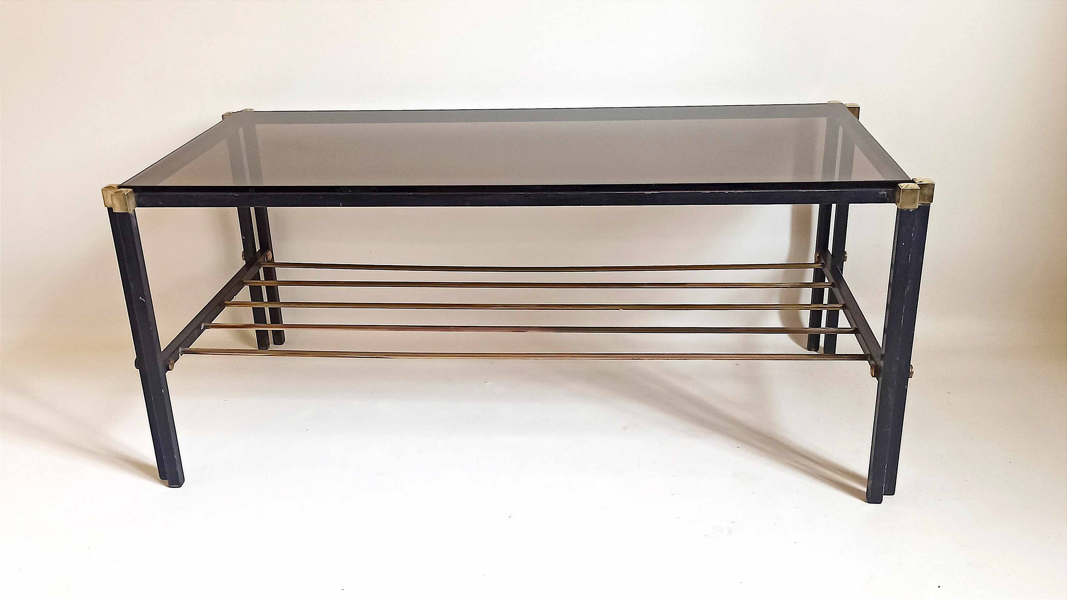 Magazine holder coffee table 1960s smoked glass, metal and brass Width 94.2 cm