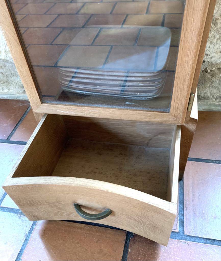 Wooden glass cabinet with drawer