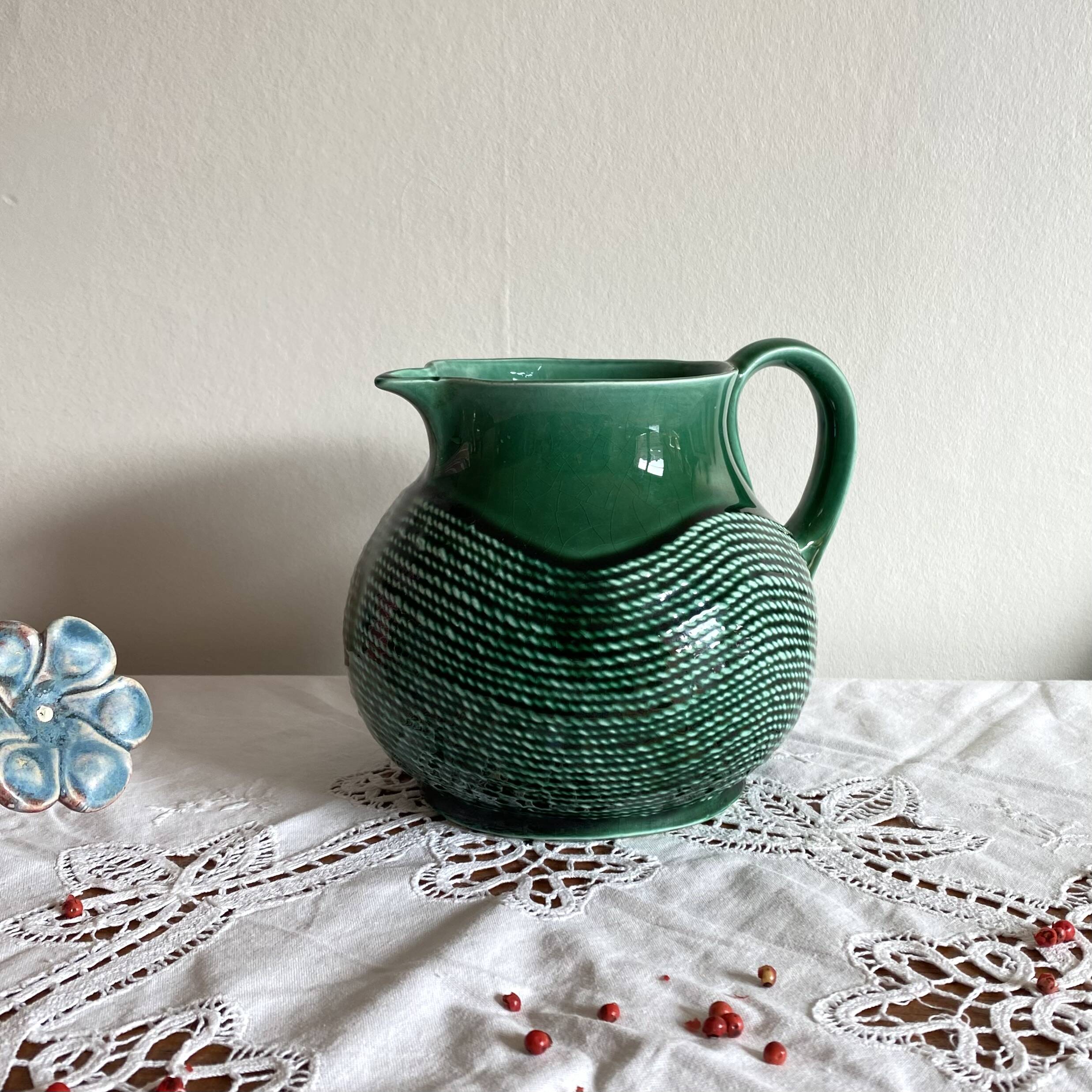 Green ceramic pitcher Sarreguemines vintage tableware