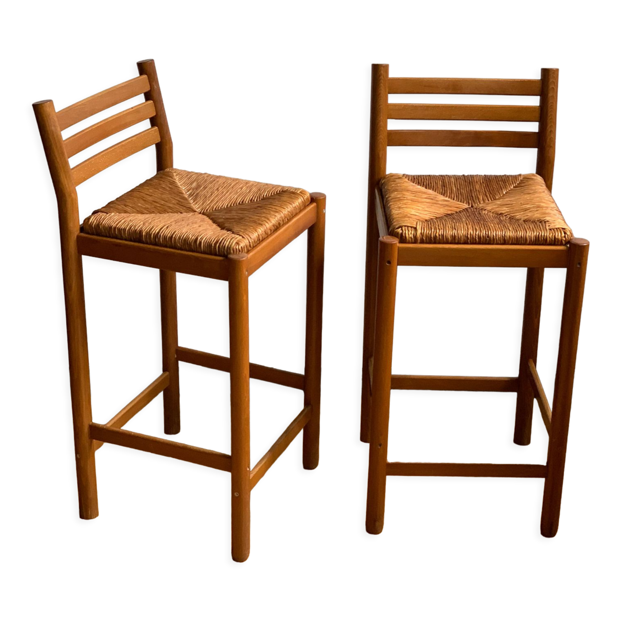 Tabouret chaise de bar bois et paille