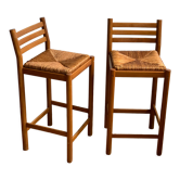 Tabouret chaise de bar bois et paille