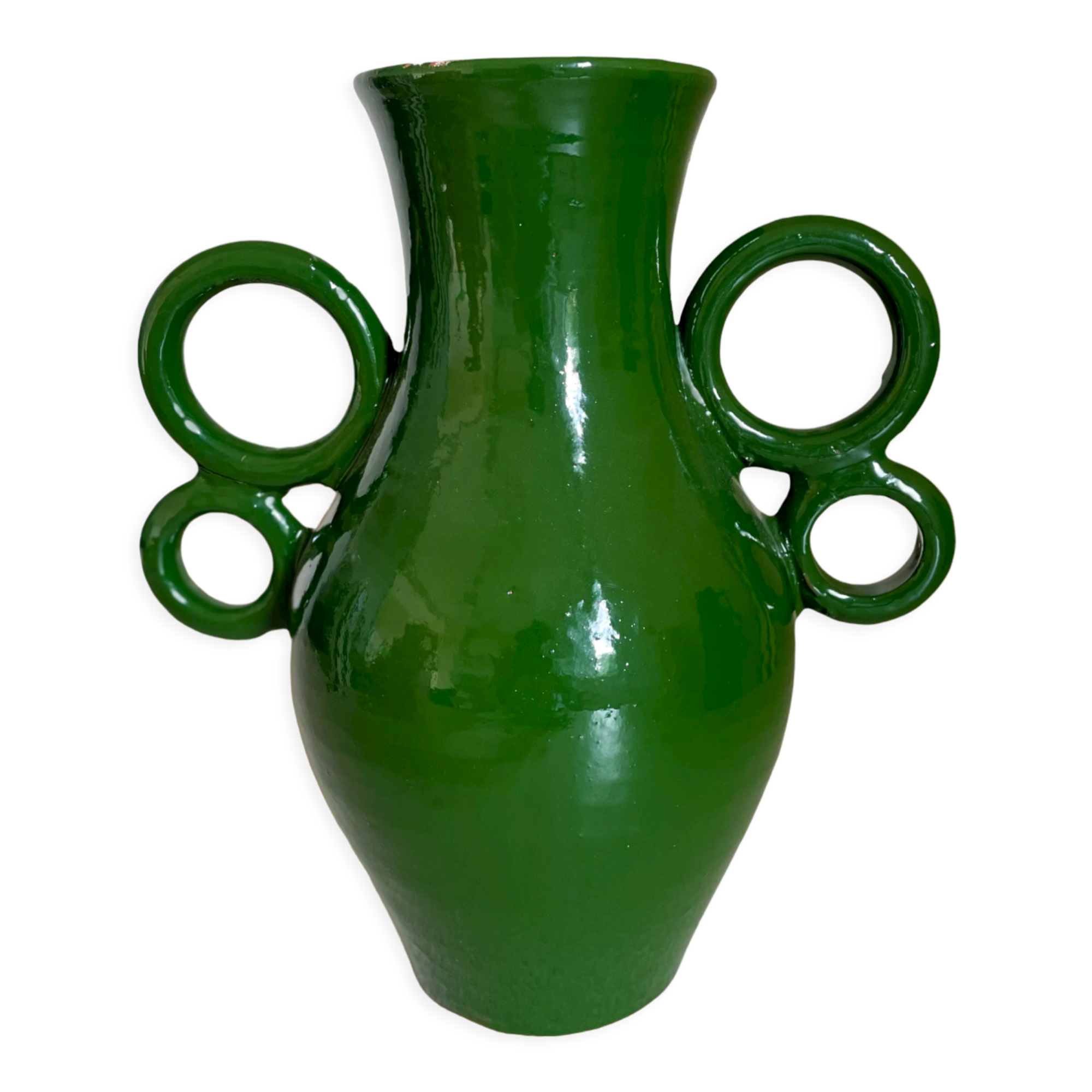 Green ceramic amphora vase with large handmade circular handles