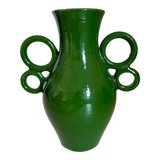 Green ceramic amphora vase with large handmade circular handles