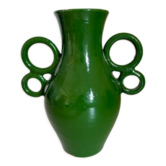 Green ceramic amphora vase with large handmade circular handles