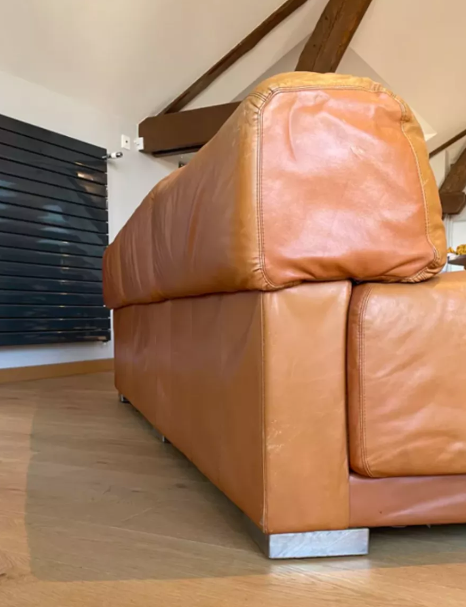 Vintage 3-seater sofa Gérard Guermonprez fawn and stainless steel leather, France 1970