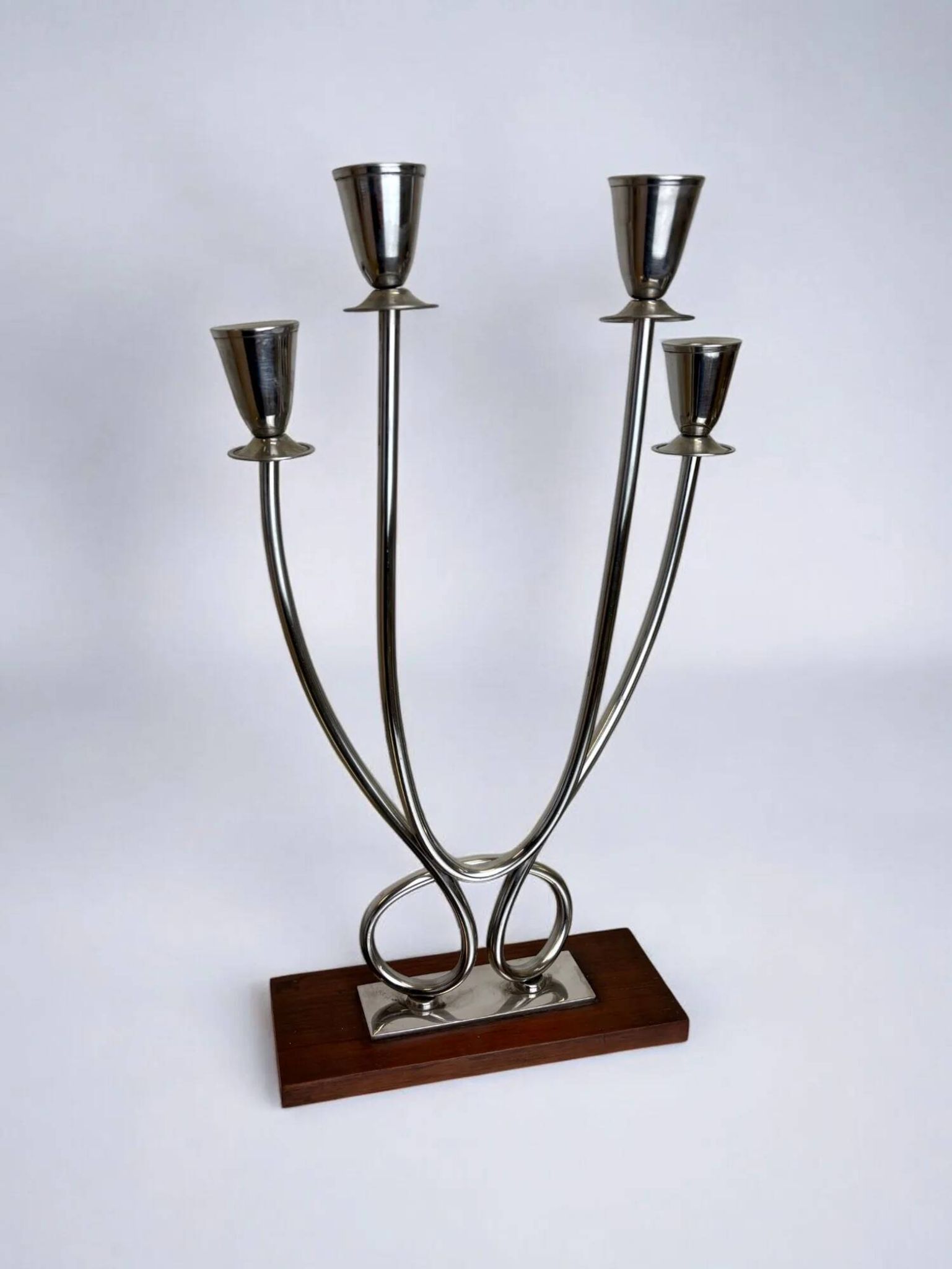 Art deco candlestick in stainless steel and rosewood, 4 flames, Spain, 1970s