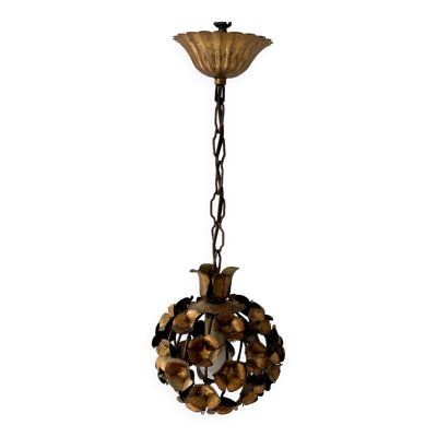 Suspension vintage motif floral, métal doré, France, 1970