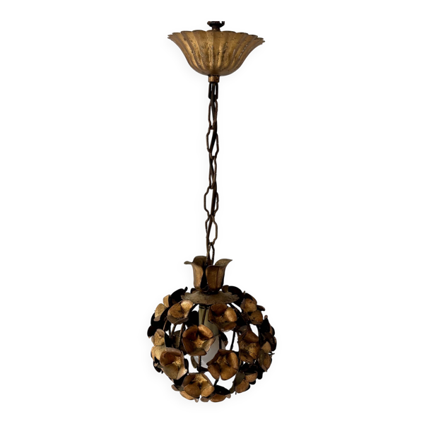 Suspension vintage motif floral, métal doré, France, 1970
