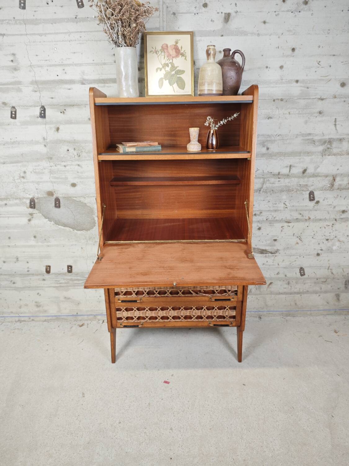 Vintage wooden and rattan secretary