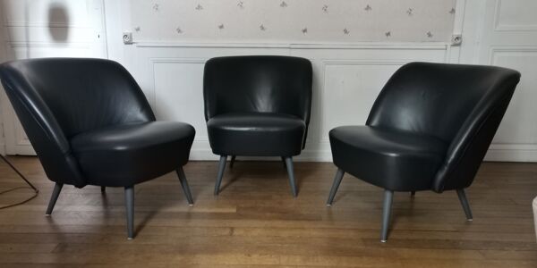 fauteuil Organique Années 50/60 cuir Noir Bleuté