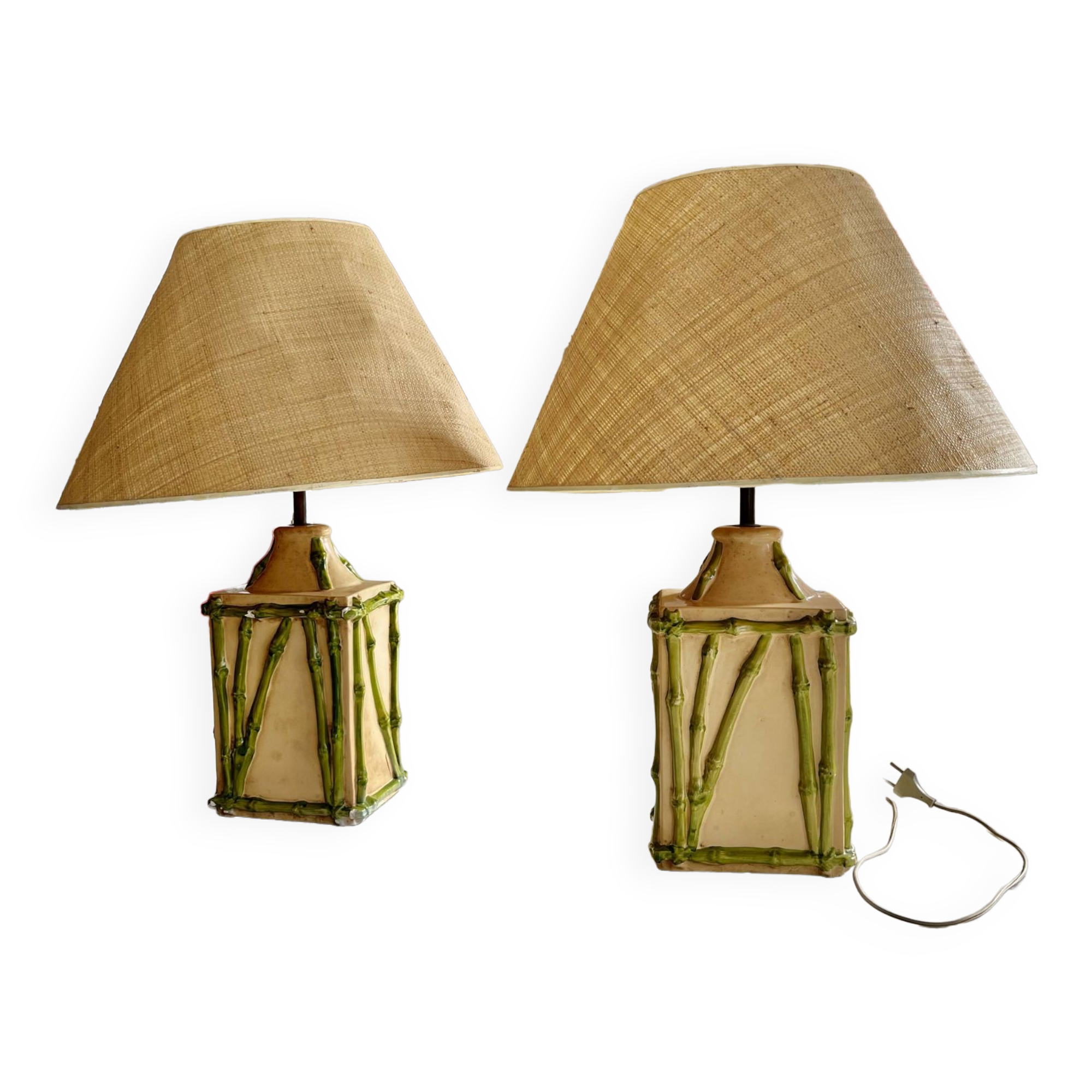 Lampe de table en céramique imitation bambou avec Abat jours, années 1970