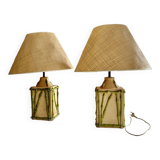 Bamboo-effect ceramic table lamp with lampshades, 1970s