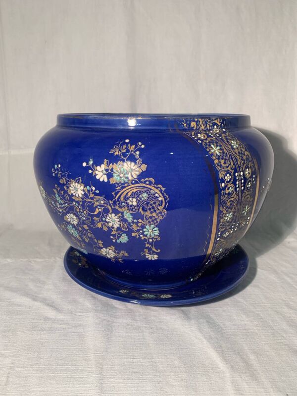Ancien cache-pot bleu, céramique, faïence Art nouveau ver 1900