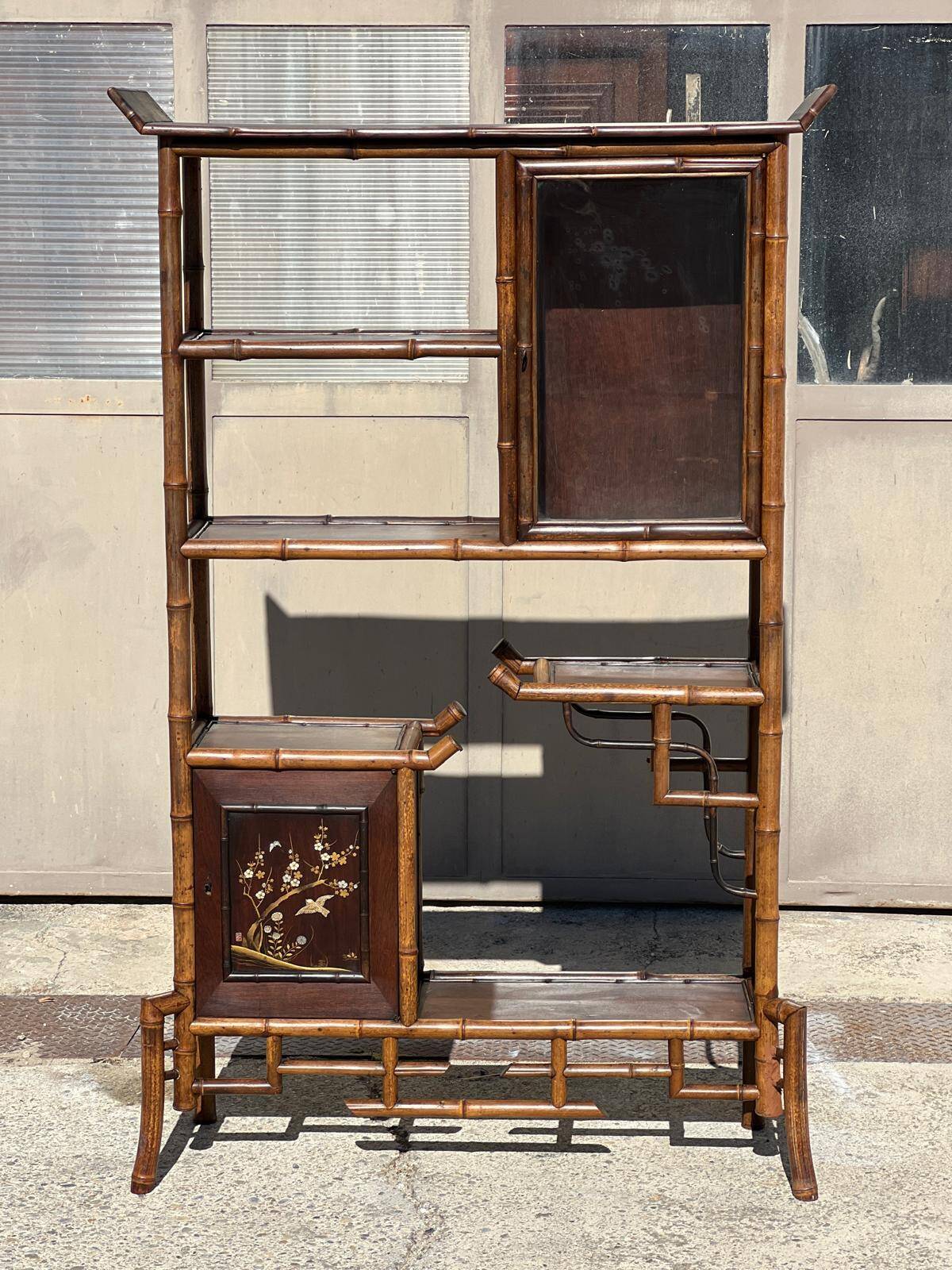 Japanese-style display shelf in bamboo and wood, circa 1890