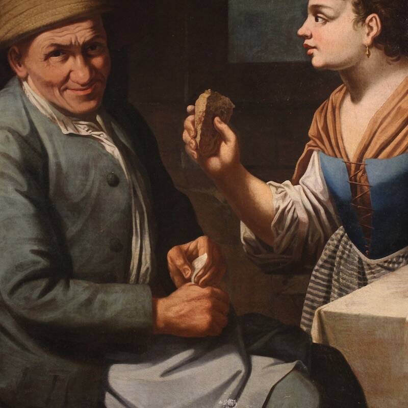 Antique Lombard painting from the 17th century, interior scene
