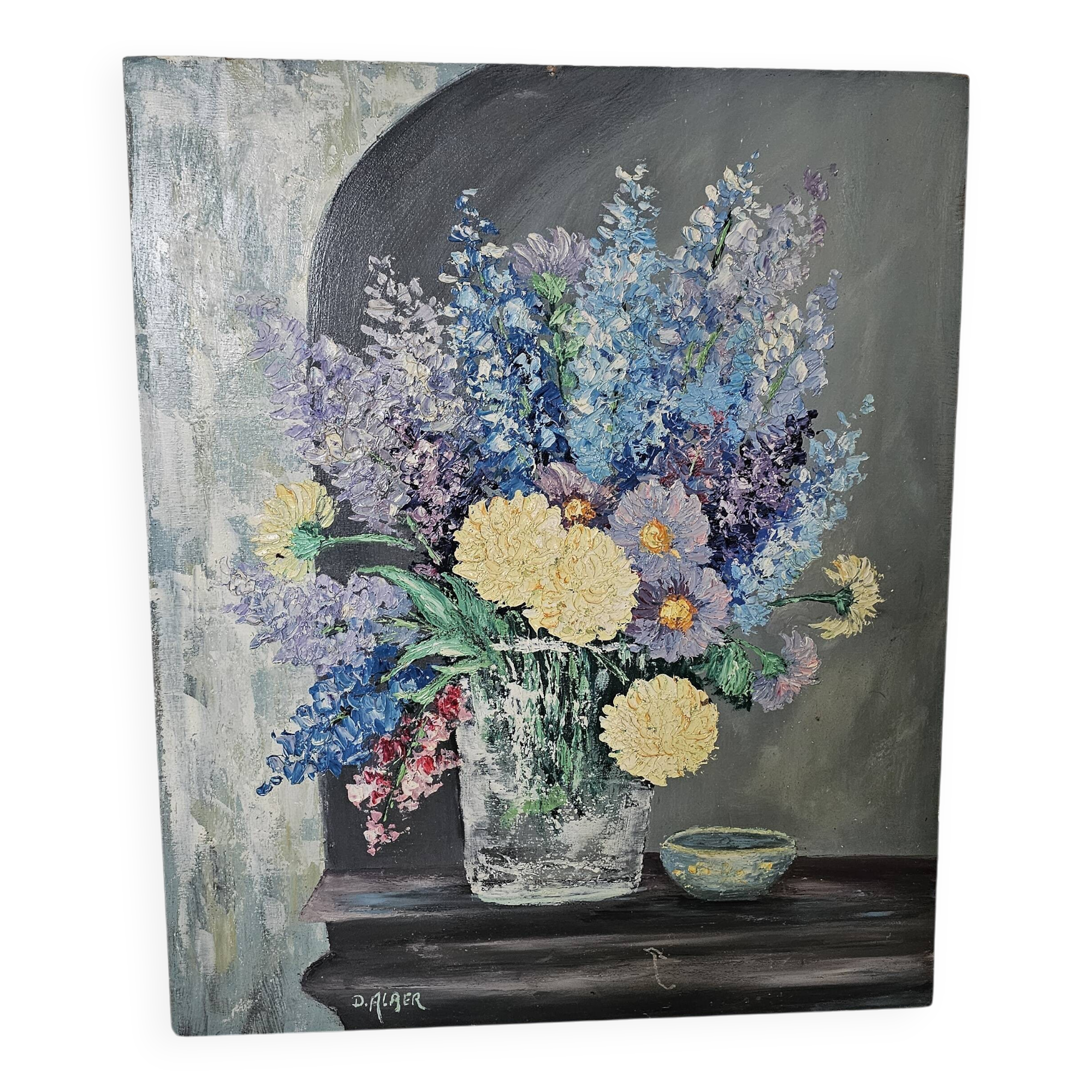 Oil on panel painting - still life flowers lilacs dahlias signed d alrer