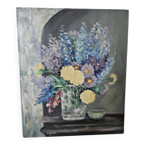 Oil on panel painting - still life flowers lilacs dahlias signed d alrer